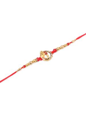   set of 2 golden red religious designer ganesh ji thread rakhi with roli chawal chandan & mishri 5