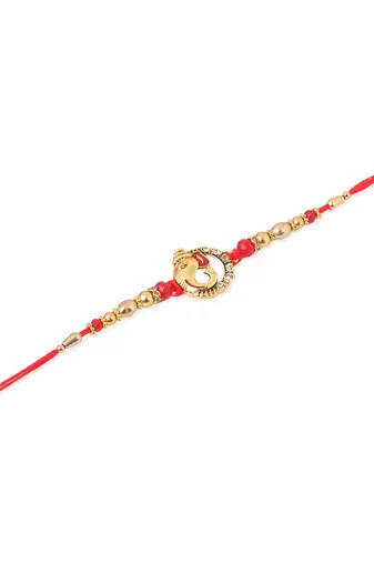   set of 2 golden red religious designer ganesh ji thread rakhi with roli chawal chandan & mishri
