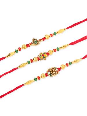   set of 3 red & gold floral design artificial stones and beads thread rakhi with roli chawal chandan & mishri 2