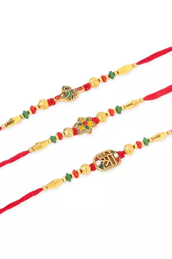   set of 3 red & gold floral design artificial stones and beads thread rakhi with roli chawal chandan & mishri