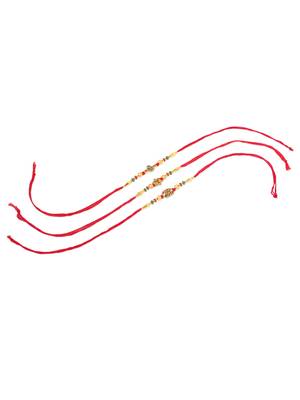   set of 3 red & gold floral design artificial stones and beads thread rakhi with roli chawal chandan & mishri 3
