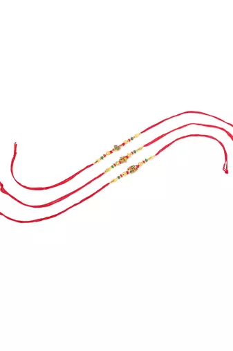  set of 3 red & gold floral design artificial stones and beads thread rakhi with roli chawal chandan & mishri