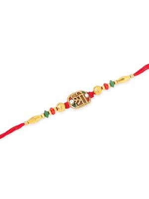   set of 3 red & gold floral design artificial stones and beads thread rakhi with roli chawal chandan & mishri 4
