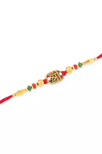   set of 3 red & gold floral design artificial stones and beads thread rakhi with roli chawal chandan & mishri