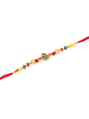   set of 3 red & gold floral design artificial stones and beads thread rakhi with roli chawal chandan & mishri 5