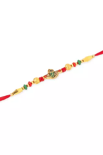   set of 3 red & gold floral design artificial stones and beads thread rakhi with roli chawal chandan & mishri