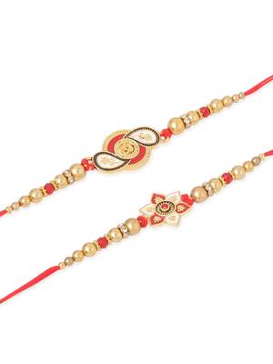   set of 2 red & gold floral design artificial beads thread rakhi with roli chawal chandan & mishri 2