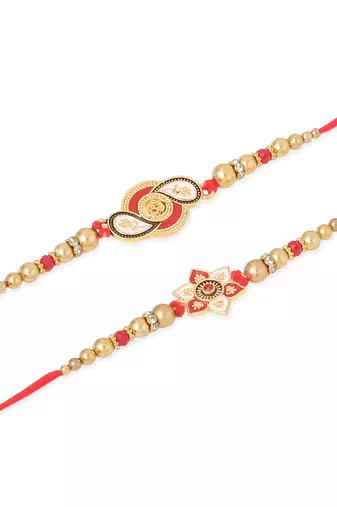   set of 2 red & gold floral design artificial beads thread rakhi with roli chawal chandan & mishri