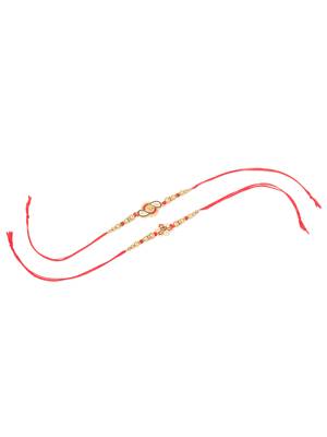   set of 2 red & gold floral design artificial beads thread rakhi with roli chawal chandan & mishri 4