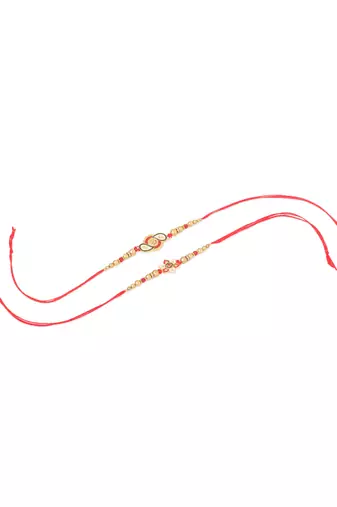   set of 2 red & gold floral design artificial beads thread rakhi with roli chawal chandan & mishri