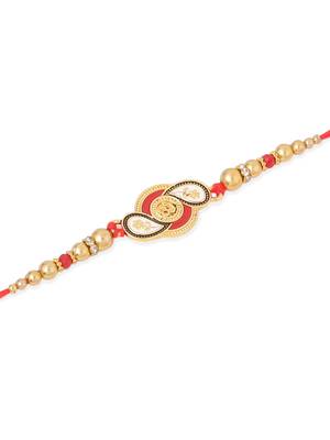   set of 2 red & gold floral design artificial beads thread rakhi with roli chawal chandan & mishri 5