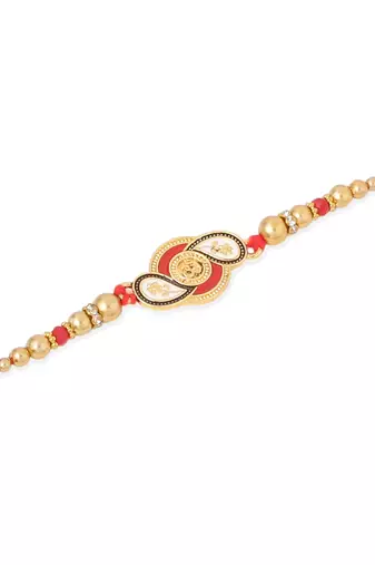   set of 2 red & gold floral design artificial beads thread rakhi with roli chawal chandan & mishri