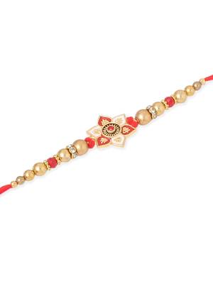   set of 2 red & gold floral design artificial beads thread rakhi with roli chawal chandan & mishri 6