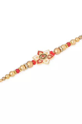   set of 2 red & gold floral design artificial beads thread rakhi with roli chawal chandan & mishri