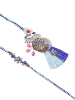  set of 2 blue evil eye & peacock design artificial beads bhaiya bhabhi rakhi with roli chawal chandan & mishri 2
