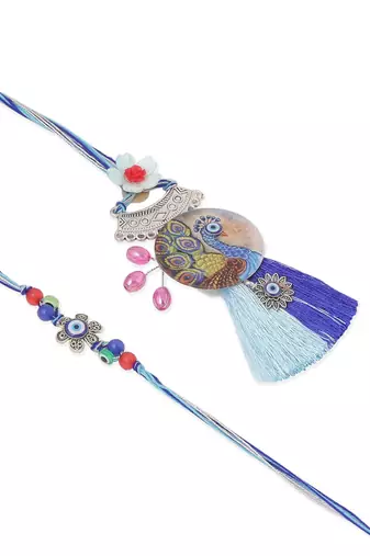  set of 2 blue evil eye & peacock design artificial beads bhaiya bhabhi rakhi with roli chawal chandan & mishri