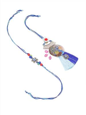  set of 2 blue evil eye & peacock design artificial beads bhaiya bhabhi rakhi with roli chawal chandan & mishri 3