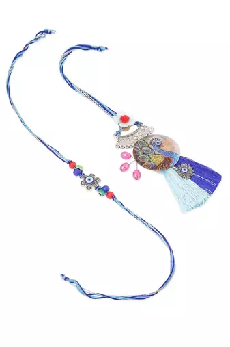  set of 2 blue evil eye & peacock design artificial beads bhaiya bhabhi rakhi with roli chawal chandan & mishri