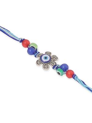  set of 2 blue evil eye & peacock design artificial beads bhaiya bhabhi rakhi with roli chawal chandan & mishri 4