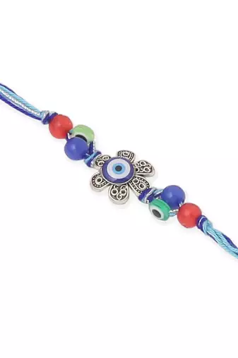  set of 2 blue evil eye & peacock design artificial beads bhaiya bhabhi rakhi with roli chawal chandan & mishri