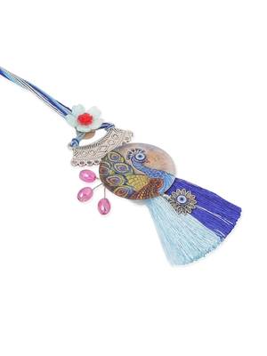  set of 2 blue evil eye & peacock design artificial beads bhaiya bhabhi rakhi with roli chawal chandan & mishri 5