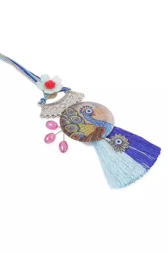  set of 2 blue evil eye & peacock design artificial beads bhaiya bhabhi rakhi with roli chawal chandan & mishri