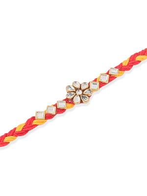   set of 3 red & yellow kundan studded floral design thread rakhi with roli chawal chandan & mishri 2