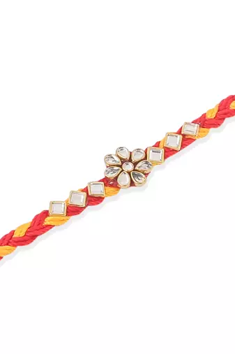   set of 3 red & yellow kundan studded floral design thread rakhi with roli chawal chandan & mishri
