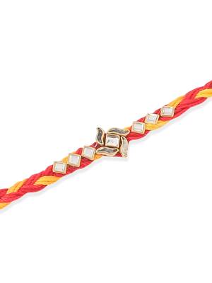   set of 3 red & yellow kundan studded floral design thread rakhi with roli chawal chandan & mishri 3