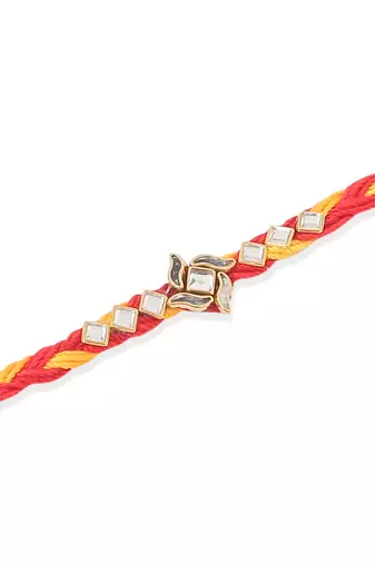   set of 3 red & yellow kundan studded floral design thread rakhi with roli chawal chandan & mishri