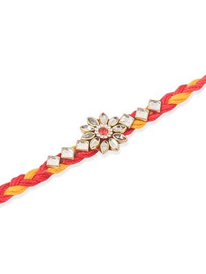   set of 3 red & yellow kundan studded floral design thread rakhi with roli chawal chandan & mishri 4