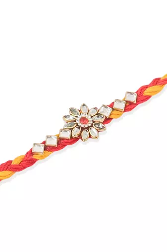   set of 3 red & yellow kundan studded floral design thread rakhi with roli chawal chandan & mishri