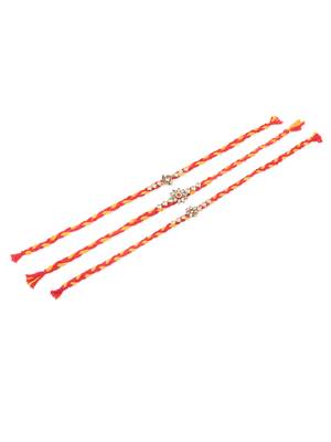   set of 3 red & yellow kundan studded floral design thread rakhi with roli chawal chandan & mishri 5