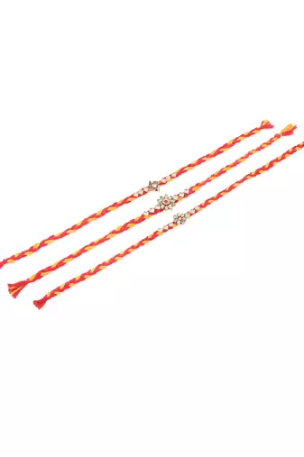   set of 3 red & yellow kundan studded floral design thread rakhi with roli chawal chandan & mishri