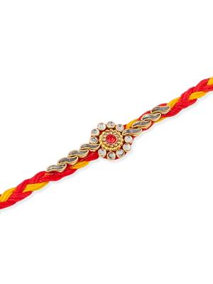   set of 3 red & yellow kundan studded floral design thread rakhi with roli chawal chandan & mishri 2