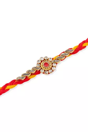   set of 3 red & yellow kundan studded floral design thread rakhi with roli chawal chandan & mishri