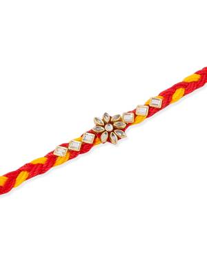   set of 3 red & yellow kundan studded floral design thread rakhi with roli chawal chandan & mishri 3