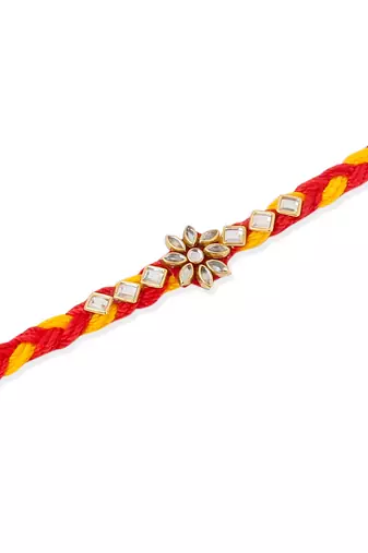   set of 3 red & yellow kundan studded floral design thread rakhi with roli chawal chandan & mishri