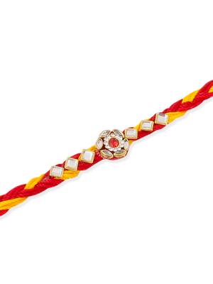   set of 3 red & yellow kundan studded floral design thread rakhi with roli chawal chandan & mishri 4
