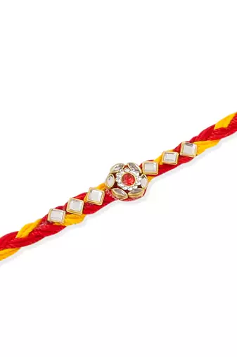   set of 3 red & yellow kundan studded floral design thread rakhi with roli chawal chandan & mishri