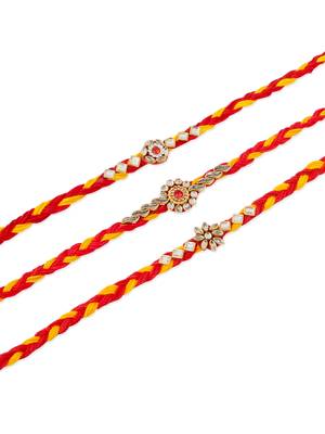   set of 3 red & yellow kundan studded floral design thread rakhi with roli chawal chandan & mishri 5
