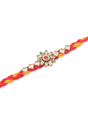   set of 6 red & yellow kundan studded floral design thread rakhi with roli chawal chandan & mishri 2