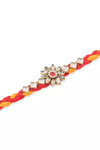   set of 6 red & yellow kundan studded floral design thread rakhi with roli chawal chandan & mishri