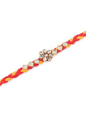   set of 6 red & yellow kundan studded floral design thread rakhi with roli chawal chandan & mishri 3
