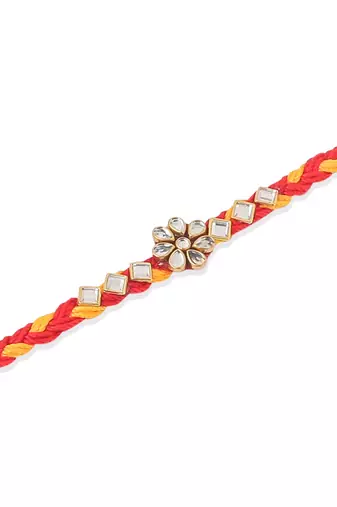   set of 6 red & yellow kundan studded floral design thread rakhi with roli chawal chandan & mishri