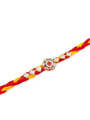   set of 6 red & yellow kundan studded floral design thread rakhi with roli chawal chandan & mishri 4