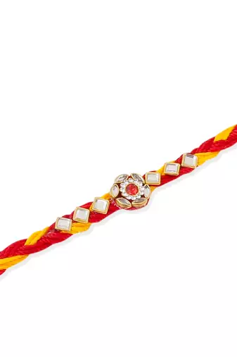   set of 6 red & yellow kundan studded floral design thread rakhi with roli chawal chandan & mishri