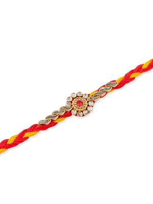   set of 6 red & yellow kundan studded floral design thread rakhi with roli chawal chandan & mishri 5