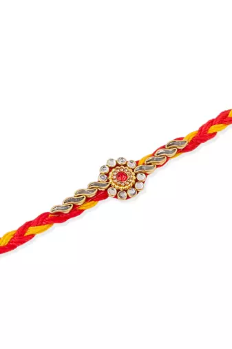   set of 6 red & yellow kundan studded floral design thread rakhi with roli chawal chandan & mishri