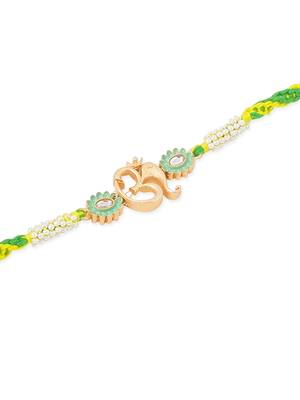 men green kundan studded om design thread rakhi with roli chawal chandan & mishri 3